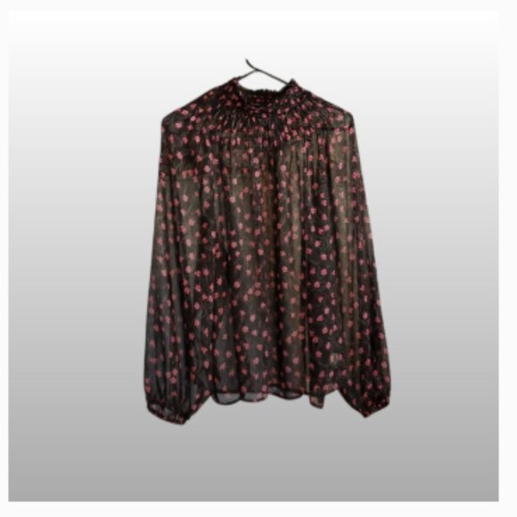 Elizabeth and James Women's Smocked Mock Neck Sheer Long Sleeve Floral Top XL - Picture 5 of 14